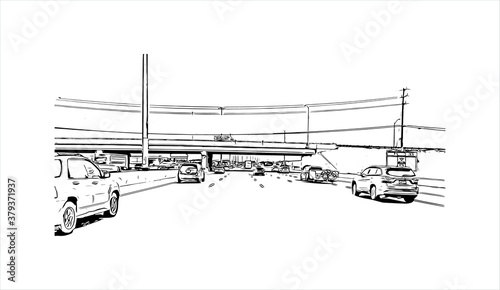 Building view with landmark of Barrie is a city and manifesting regional centre in Canada. Hand drawn sketch illustration in vector.