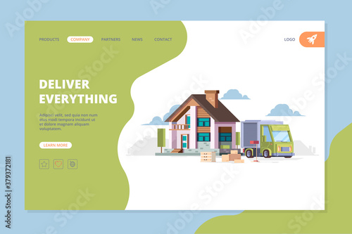 Delivery landing. Urban landscape with truck on road cargo concept vector web page template. Shipping truck delivery, cargo company illustration