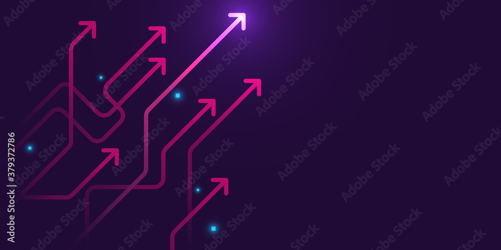 Glow up arrows circuit on dark purple background copy space digital business growth concept