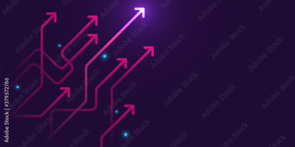 Glow up arrows circuit on dark purple background copy space digital business growth concept Glow up arrows circuit on dark purple background copy space digital business growth concept