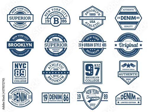 Jeans emblems. Vintage typography labels urban style wear patches sport banners embroidery vector collection. Apparel shirt and jeans, brand emblem denim illustration