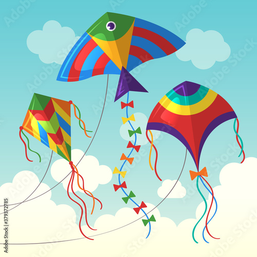 Kite in cloud. Flying outdoor air kite vector funny toys for kids vector background in cartoon style. Kite in air sky, illustration wind freedom game
