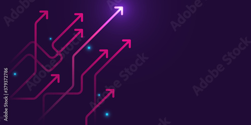 Glow up arrows circuit on dark purple background copy space digital business growth concept