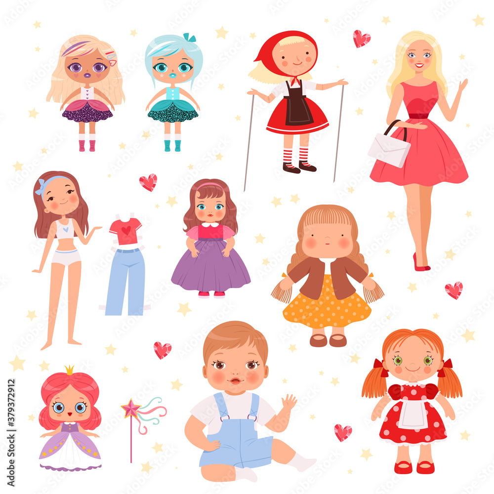 Dolls toys. Cute playing model for kids joyful toys vector set. Illustration doll for kids, cartoon toys for children Dolls toys. Cute playing model for kids joyful toys vector set. Illustration doll for kids, cartoon toys for children