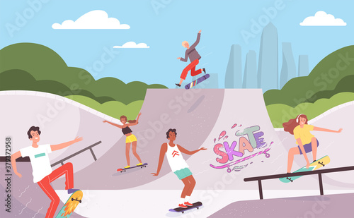 Extreme park. Outdoor activities of skateboarders riders in action poses jump ramp teenagers hipsters vector background. Activity extreme rider, fun skate sport illustration