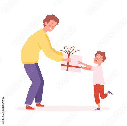 Father time. Man giving gift to son, happy boy and male. Brothers, birthday surprise or present vector illustration. Father and boy celebration, happy birthday surprise