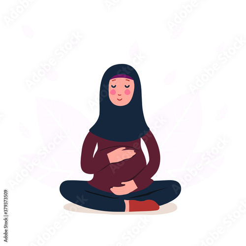 Flat vector illustration of a meditating pregnant Muslim woman in hijab. Preparing a woman for childbirth. The concept of yoga during pregnancy.