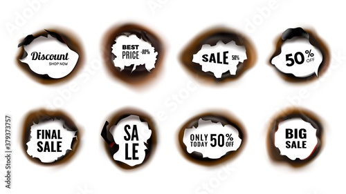 Burned hole. Realistic sale and discount banners with charred edges vector illustration. Discount advertising, sale and good deal promo