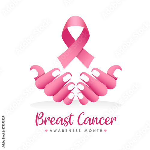 breast cancer awareness month banner with abstract pink hand holding ping ribbon sign vector design