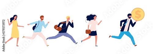 People running to money. Successful businessman with coin, business leader run first. Man woman need job, employee competition or human greed vector. Businessman run for money and profit illustration