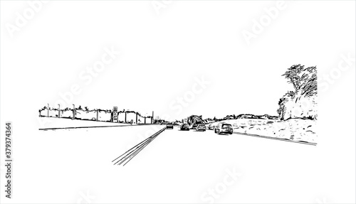 Building view with landmark of Barrie is a city and manifesting regional centre in Canada. Hand drawn sketch illustration in vector.