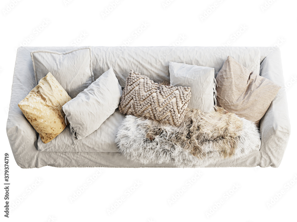 Scandinavian three-seat white fabric upholstery sofa with pillows and pelts. 3d render.