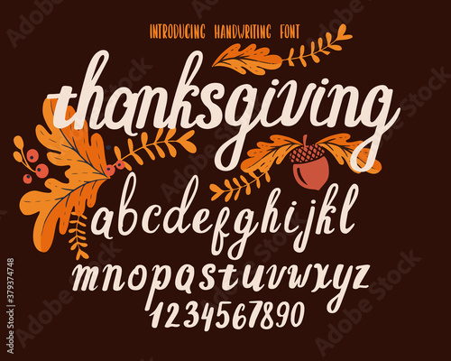 Font thanksgiving day. Typography alphabet with colorful autumn illustrations.