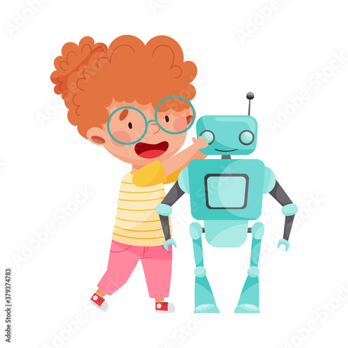 Smiling Girl Engineering and Configurating Robot Vector Illustration photo