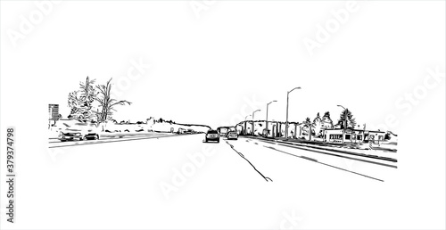 Building view with landmark of Barrie is a city and manifesting regional centre in Canada. Hand drawn sketch illustration in vector. photo