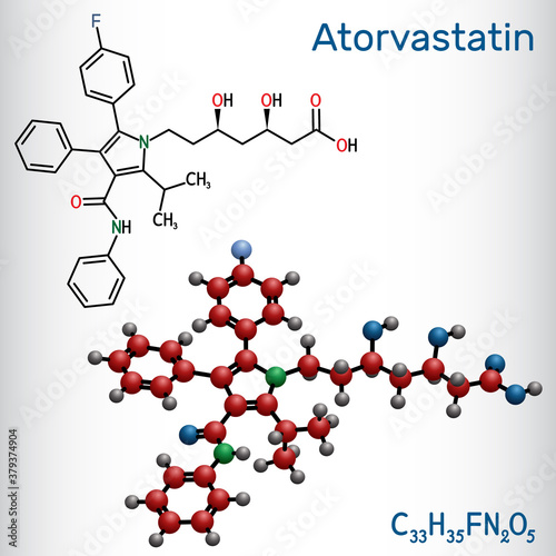 Atorvastatin, statin molecule. It is used for lowering blood cholesterol and for preventing cardiovascular diseases. Structural chemical formula and molecule model