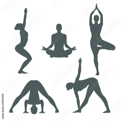 Poses of yoga graphic icons set. Women silhouettes in different poses of yoga. Signs isolated on white background. Vector illustration