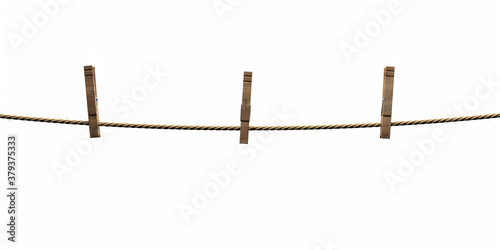 Clothespins and string isolated against white background. 3d illustration
