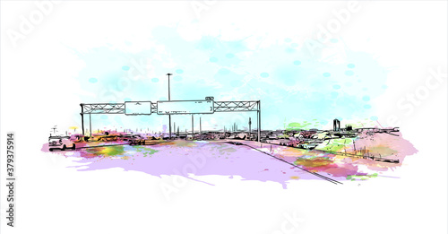 Building view with landmark of Barrie is a city and manifesting regional centre in Canada. Watercolor splash with hand drawn sketch illustration in vector.