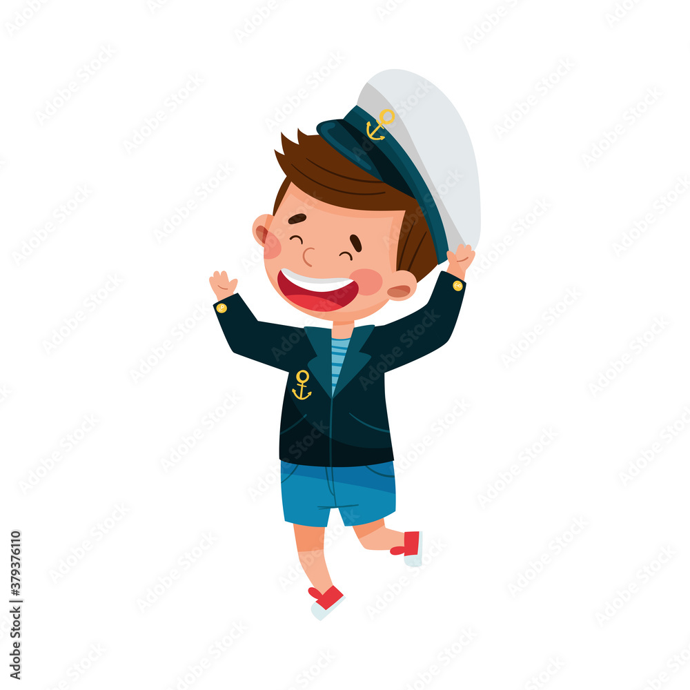 Cheerful Little Boy in Mariner Striped Vest and Forage Cap Jumping with Joy Vector Illustration Cheerful Little Boy in Mariner Striped Vest and Forage Cap Jumping with Joy Vector Illustration