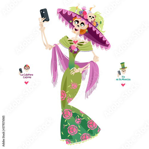 Skeleton dressed in a holiday clothes takes a selfie. La Calavera Catrina. Dia de Muertos (Day of the Dead).