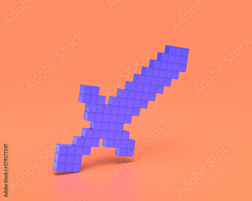 Mining Sword Toy  pixelated sword   Plastic Weapon   indigo blue hunting and adventure tool on pinkish orange background  3d rendering