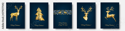Christmas  golden  decoration  with  Xmas  tree, reindeer, snowflakes.