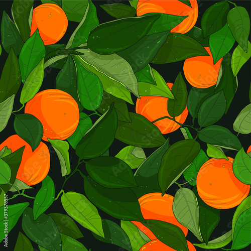 Realistic orange tree and leaves seamless pattern template. Vector illustration for games, background, pattern, decor. Print for fabrics and other surfaces. photo