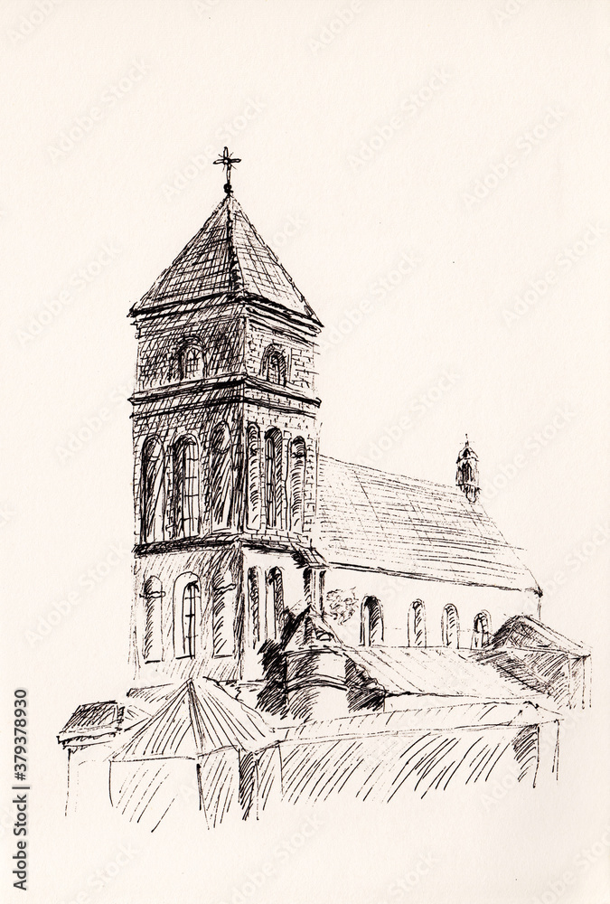Pen drawing of Eastern European  Catholic Cathedral in Renaissance architecture style. Great for wallpaper, easter gift package, backgrounds decoration. Church of Saint Nicolas in Mir Belarus.