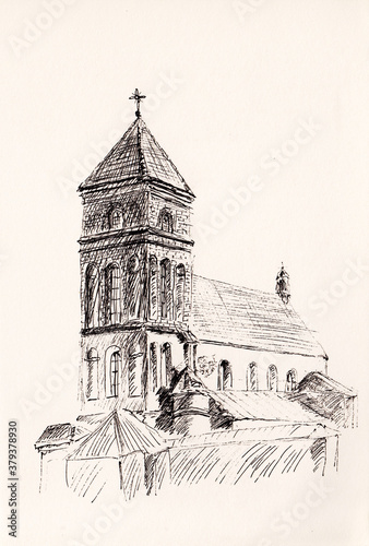 Pen drawing of Eastern European  Catholic Cathedral in Renaissance architecture style. Great for wallpaper  easter gift package  backgrounds decoration. Church of Saint Nicolas in Mir Belarus.
