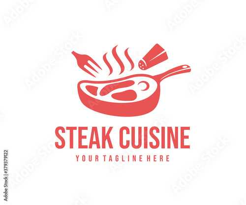 Cooking steak on pan, fork and salt cellar, logo design. Food, restaurant, meal and meat, vector design and illustration