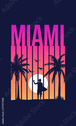 T-shirt Design with Miami Landscape | Apparel Template with Palms, Beach and Surfer