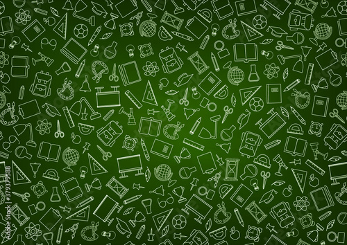 School education seamless pattern. Education symbols sketch backdrop with school supplies. Back to school icons doodle line art notebook background.