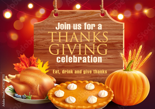 Design template for Thanksgiving celebration advertisement with traditional dishes. Vector illustration.