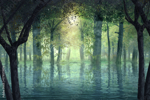 Haunted forest with lake and sunlight background © Leo Lintang