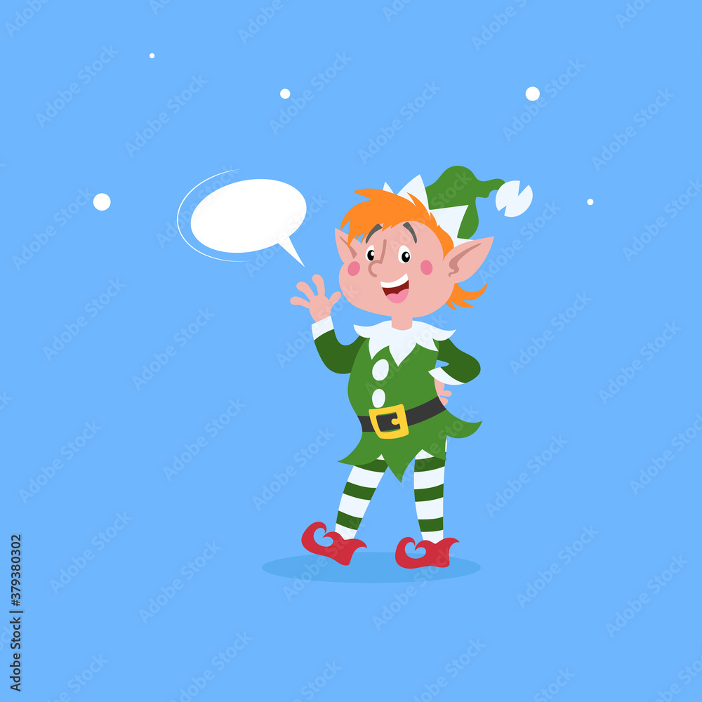 Fotografie Cute cartoon elf with dummy speech bubble waving hand