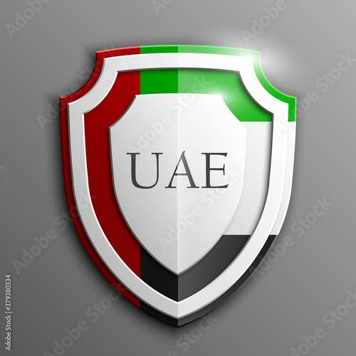 Design Shield  illustration banner with Abstract Background Flag UAE inside. United Arab Emirates template Art