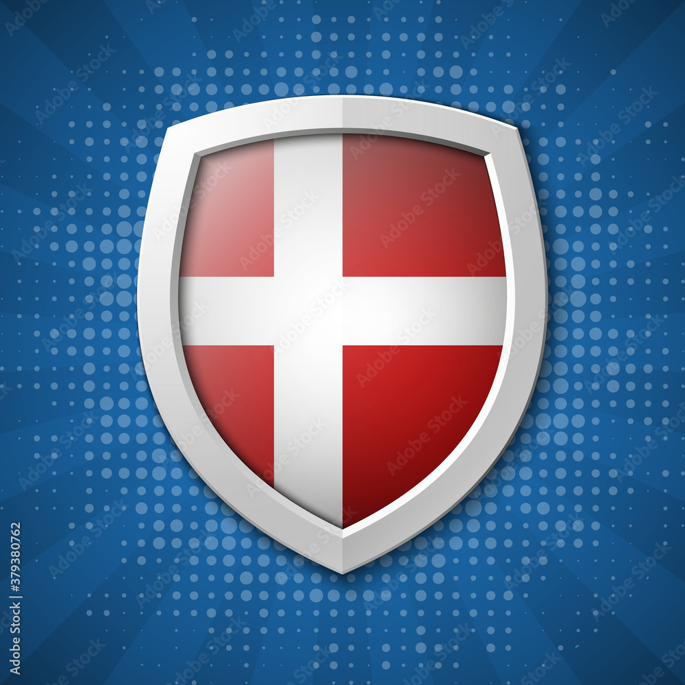 Obraz premium Kingdom of Denmark Flag on a Shiny Shield, Illustration isolate on Grey Background