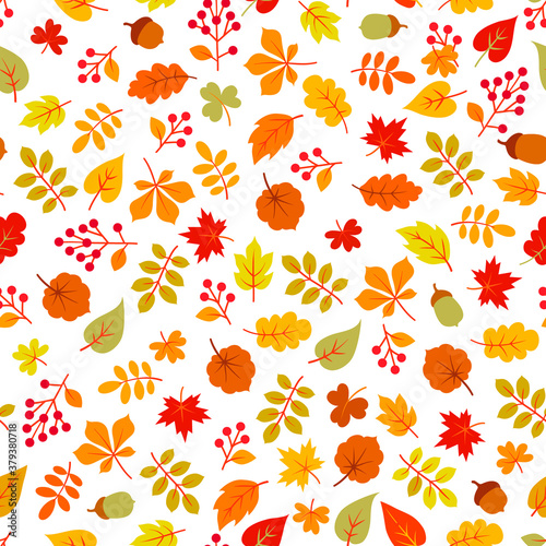 Autumn leaves seamless pattern. Leaf icon set in ornamental tile background. Fall nature backdrop in line art style.