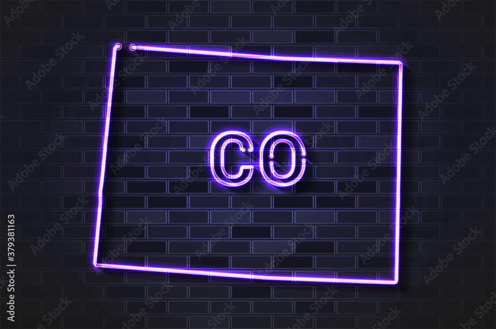 Fototapeta premium Colorado map glowing neon lamp or glass tube on a black brick wall