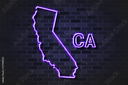 California map glowing neon lamp or glass tube on a black brick wall