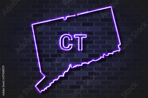 Connecticut map glowing neon lamp or glass tube on a black brick wall