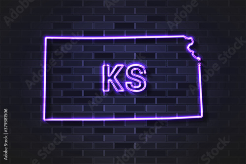 Kansas map glowing neon lamp or glass tube on a black brick wall