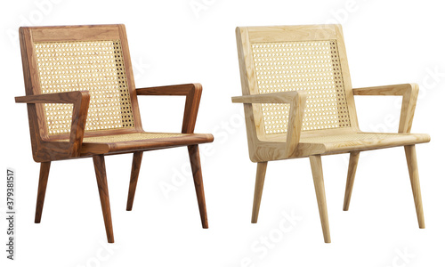 Fototapeta Naklejka Na Ścianę i Meble -  Mid-century wooden chair with woven cane backrest and seat. 3d render.