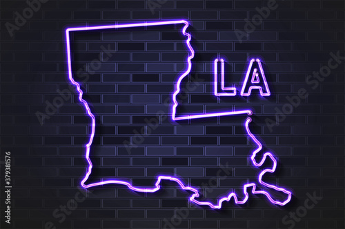 Louisiana map glowing neon lamp or glass tube on a black brick wall