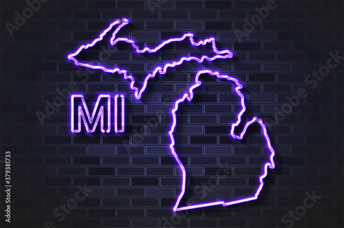 Michigan map glowing neon lamp or glass tube on a black brick wall