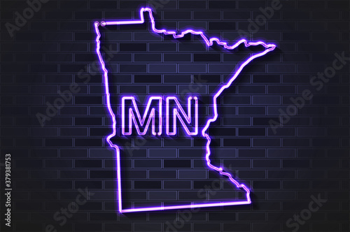 Minnesota map glowing neon lamp or glass tube on a black brick wall
