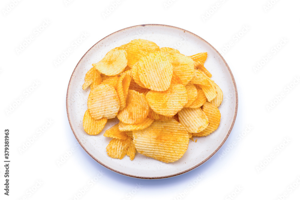 Potato chips in plate beautiful shape on white background Potato chips in plate beautiful shape on white background