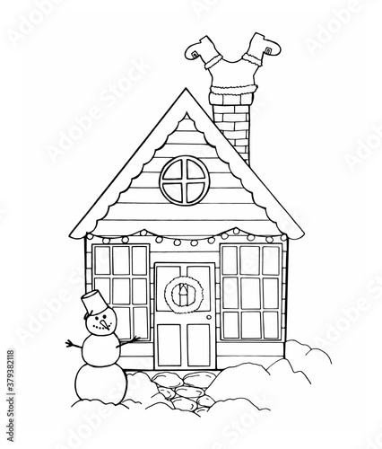Christmas house, snowman and Santa Claus climbing up the chimney.holiday card coloring.handmade vector