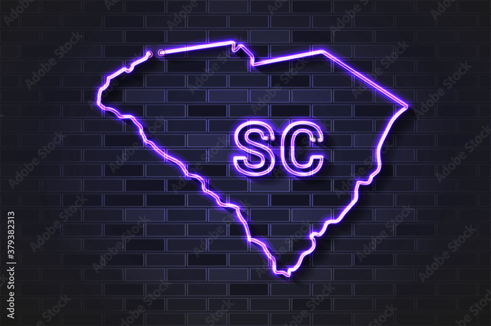 South Carolina map glowing neon lamp or glass tube on a black brick wall South Carolina map glowing neon lamp or glass tube on a black brick wall